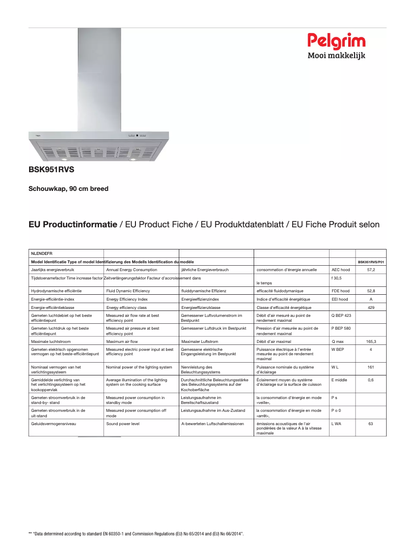 Page 1 de la notice Fiche technique Pelgrim BSK951RVS