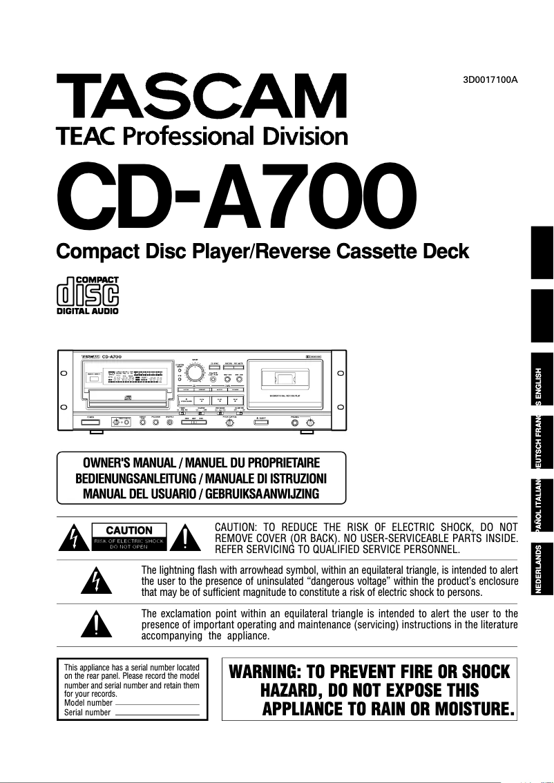 Page 1 de la notice Manuel utilisateur Tascam CD-A700
