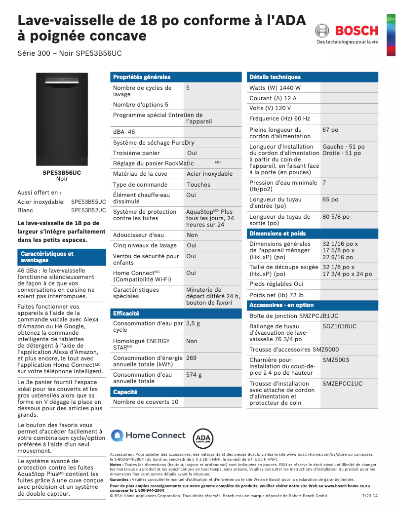Page 1 de la notice Fiche technique Bosch SPE53B56UC