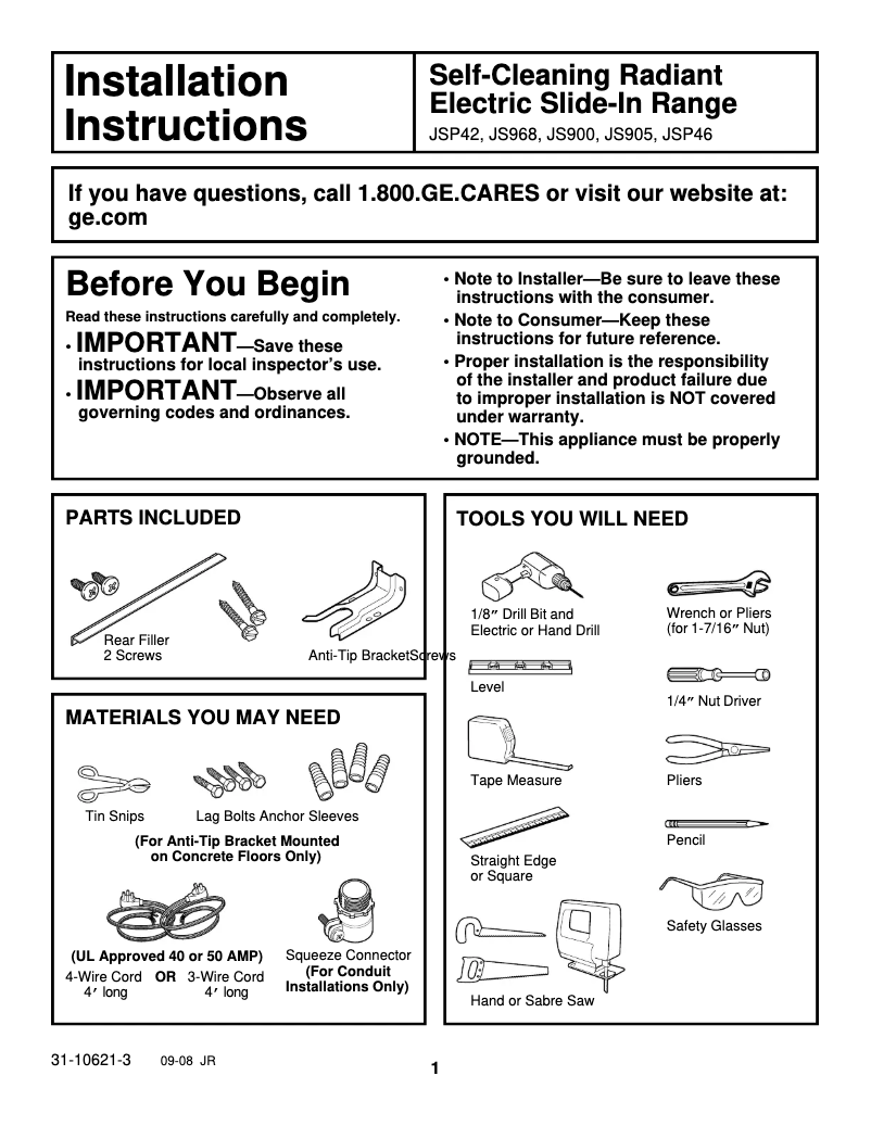 Page 1 de la notice Guide d'installation GE Profile JS968TKWW