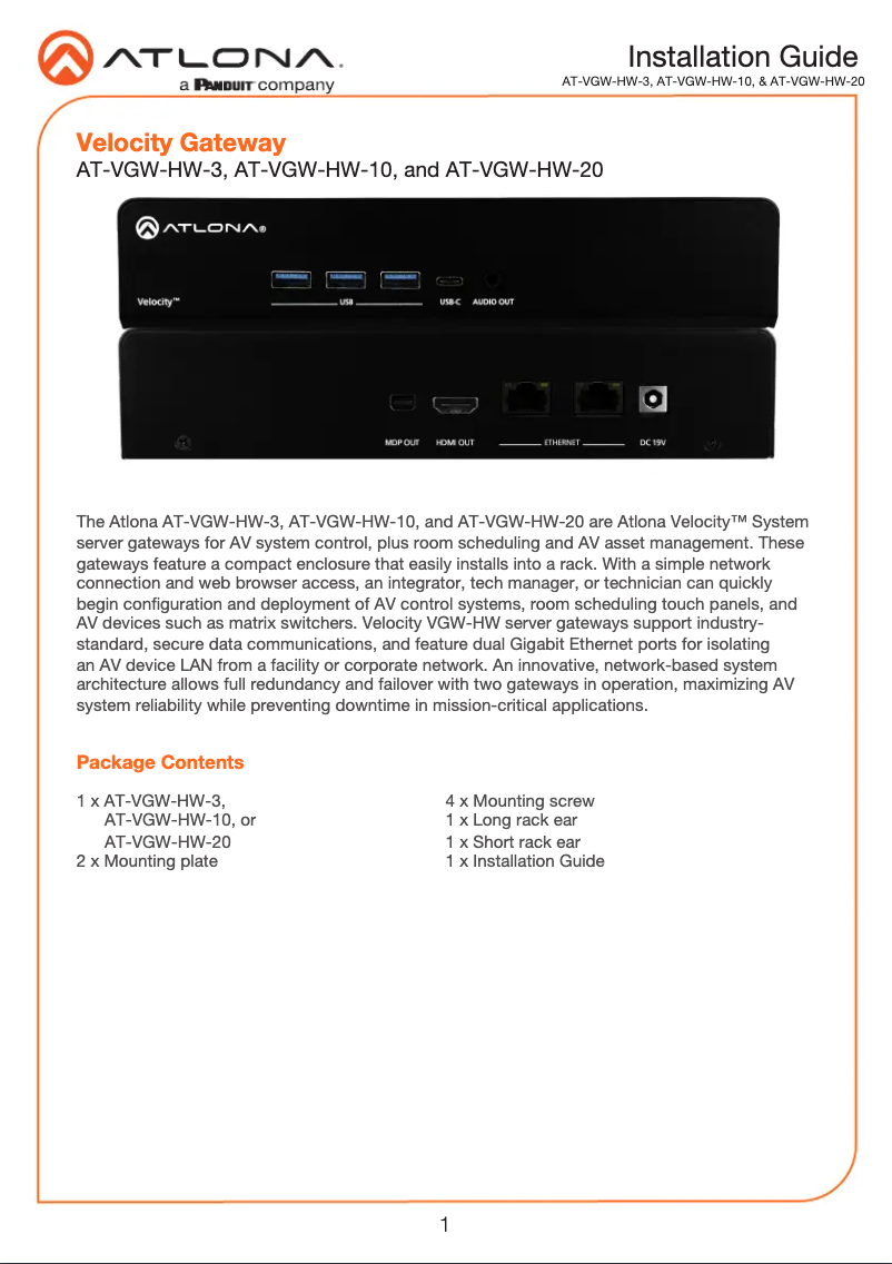 Page 1 de la notice Guide d'installation Atlona AT-VGW-HW