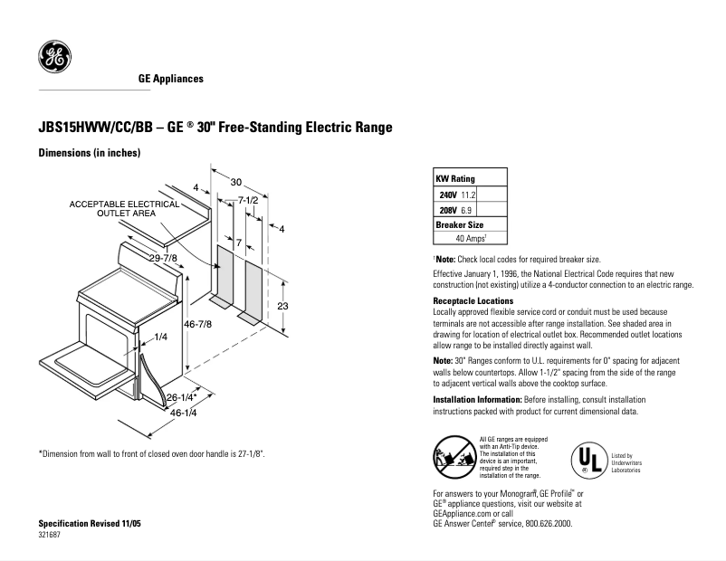 Page n°1 - Fiche technique GE JBS15HBB