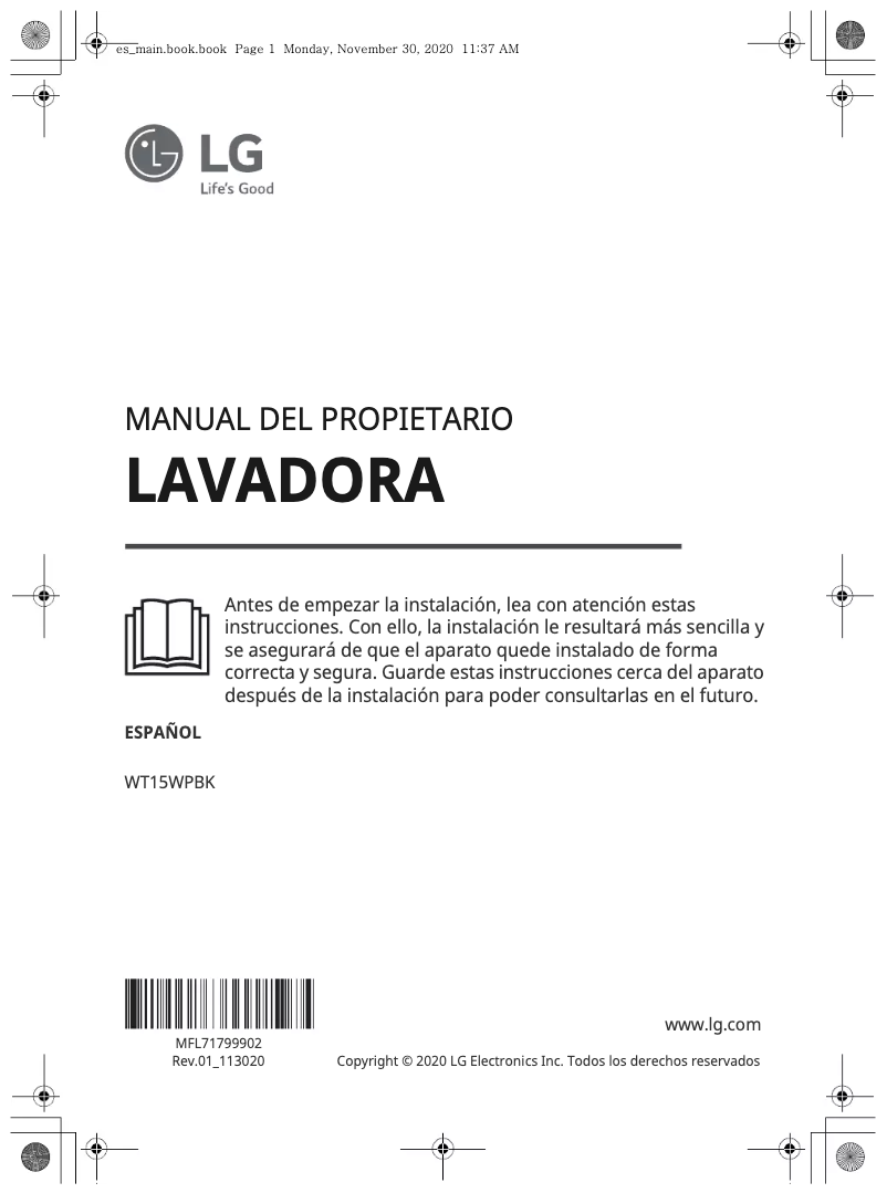 Page 1 de la notice Manuel utilisateur LG WT15WPBK