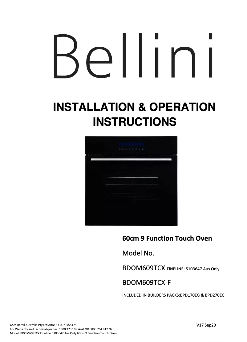 Page 1 de la notice Manuel utilisateur Bellini BDOM609TCX