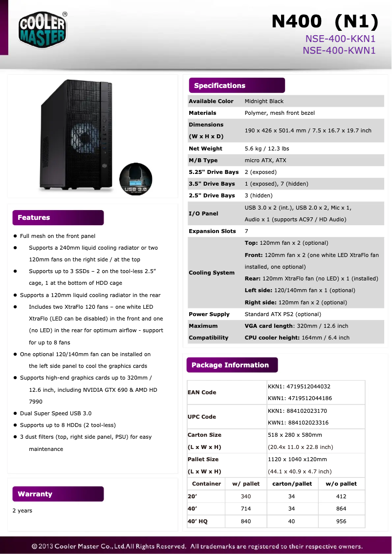 Página 1 del manual Ficha técnica Cooler Master N400
