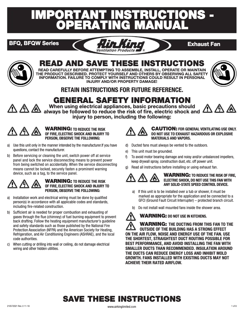 Page 1 de la notice Instructions / montage Air King BFQ90