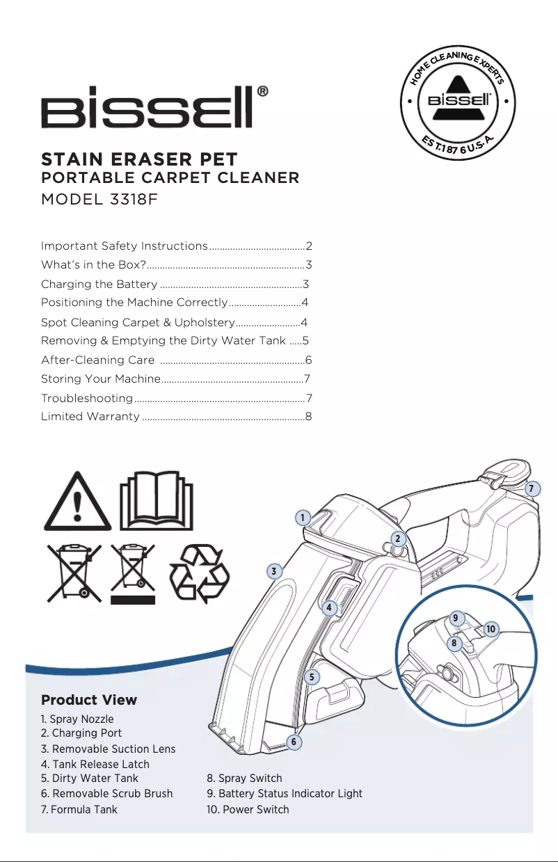 Page 1 de la notice Manuel utilisateur Bissell Stain Eraser Pet 3318F