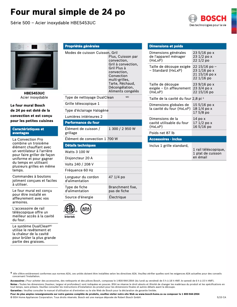 Page 1 de la notice Fiche technique Bosch HBE5453UC