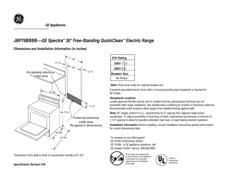 Page 1 of the manual Technical Sheet GE Spectra JBP78BBBB
