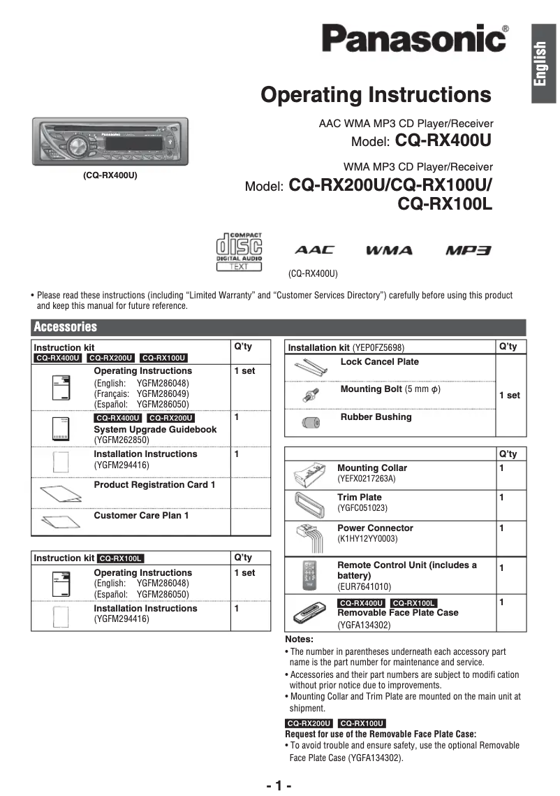 Page 1 de la notice Manuel utilisateur Panasonic CQ-RX100L