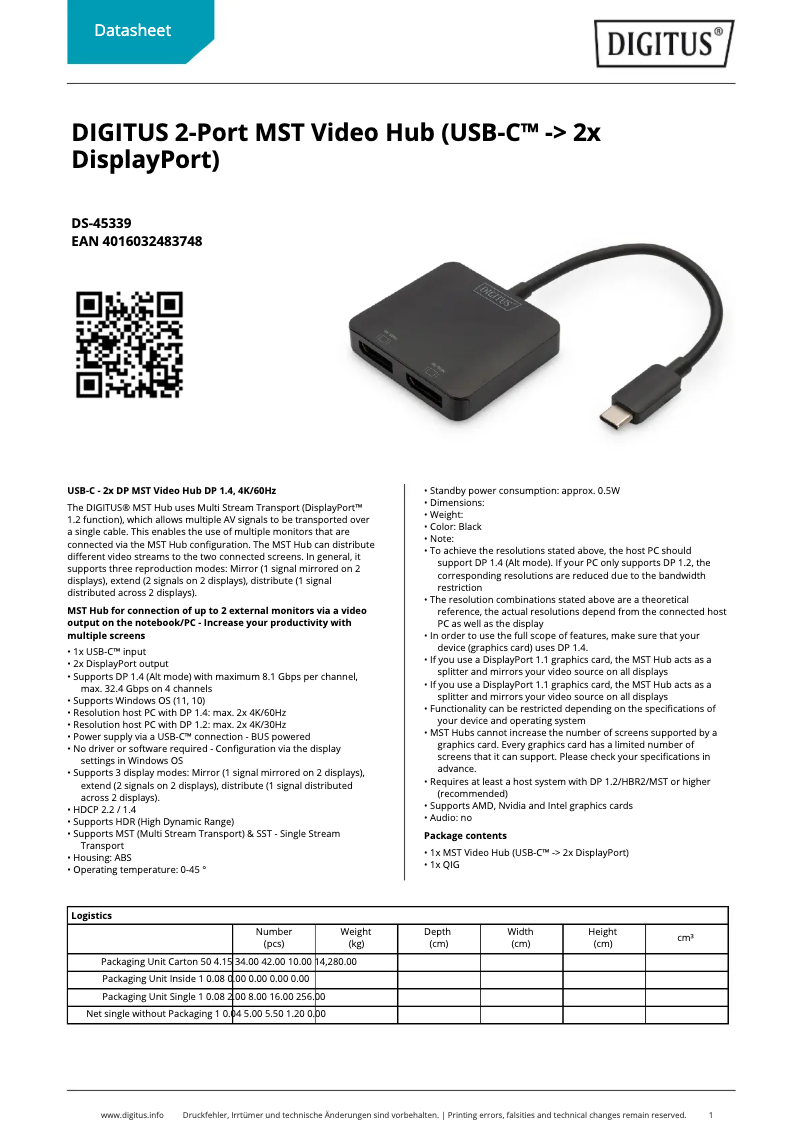 Page 1 de la notice Fiche technique Digitus DS-45339