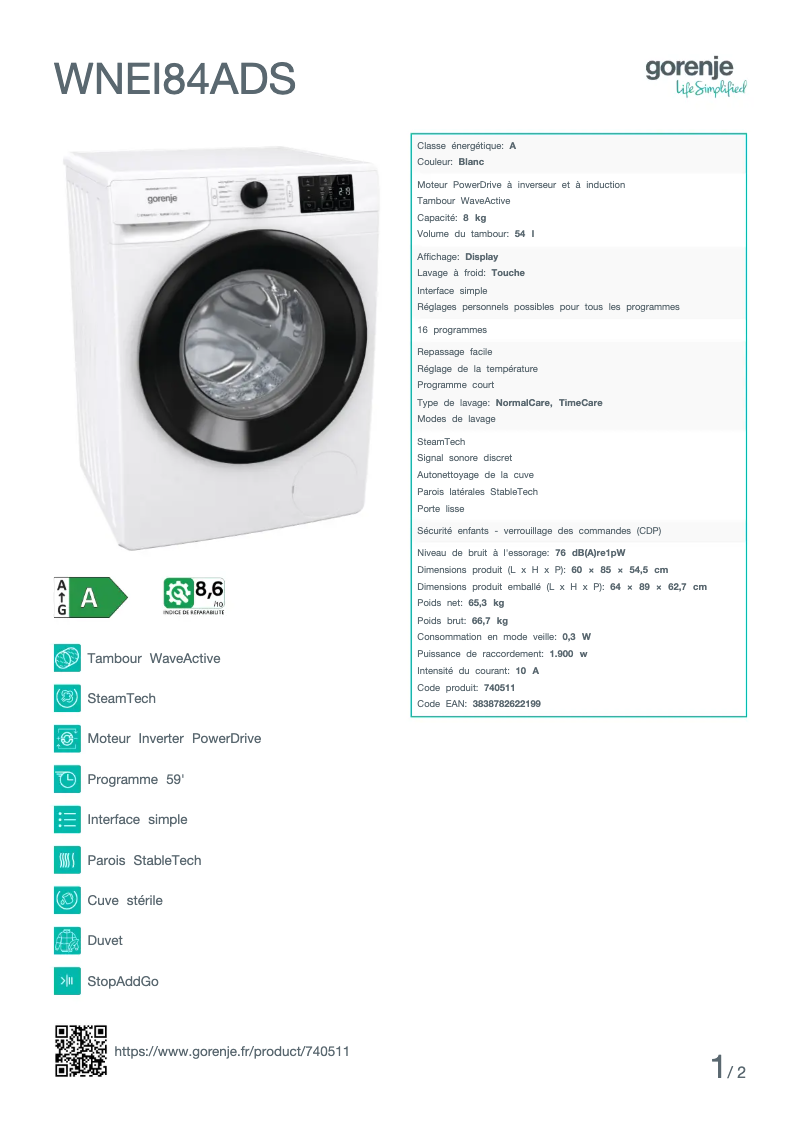 Page n°1 - Fiche technique Gorenje WNEI84ADS
