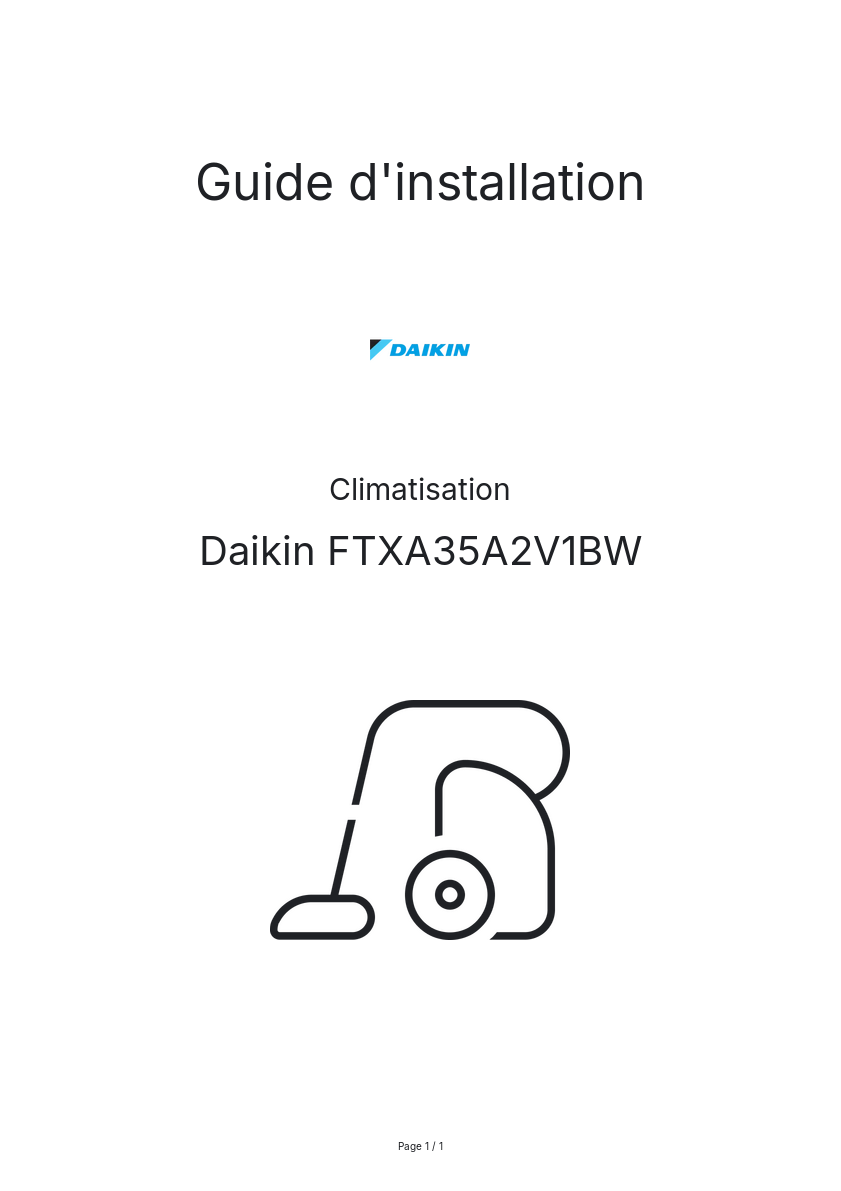 Page n°1 - Guide d'installation Daikin FTXA35A2V1BW