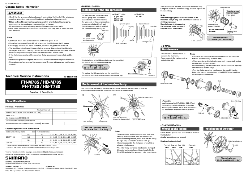 Page 1 de la notice Manuel utilisateur Shimano FH-T780