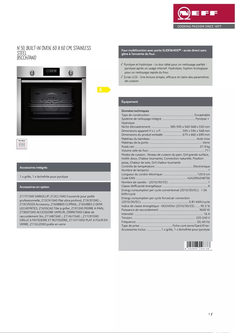 Page 1 de la notice Fiche technique Neff B5CCH7AN0