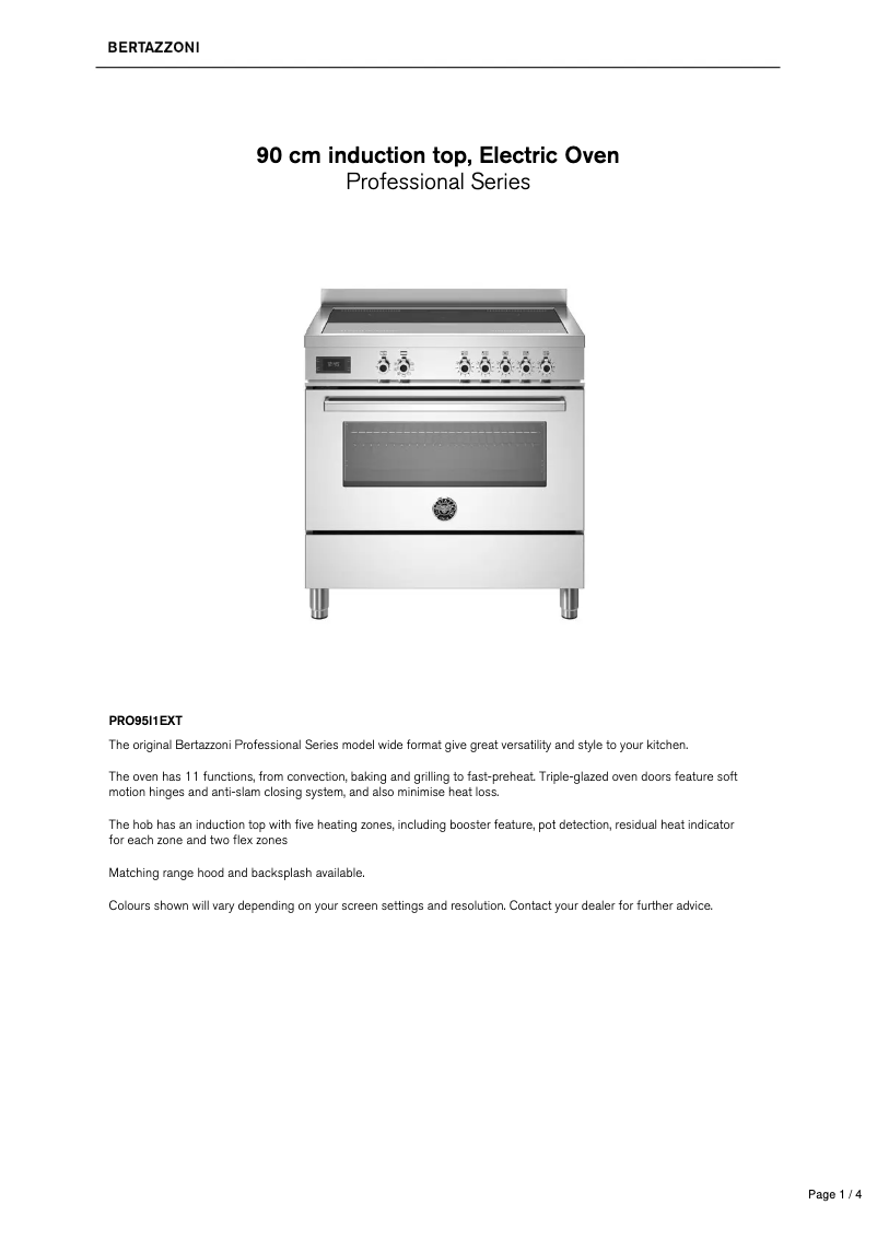 Page 1 de la notice Fiche technique Bertazzoni PRO95I1EXT