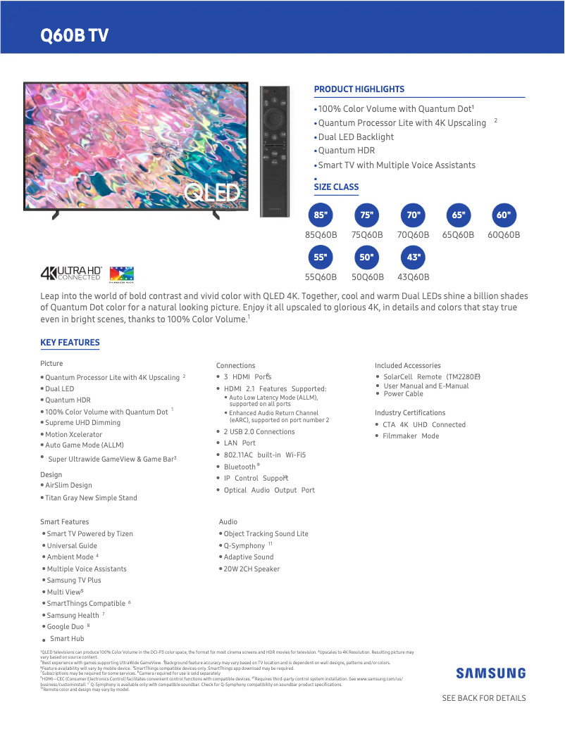 Page 1 de la notice Fiche technique Samsung QN70Q60B