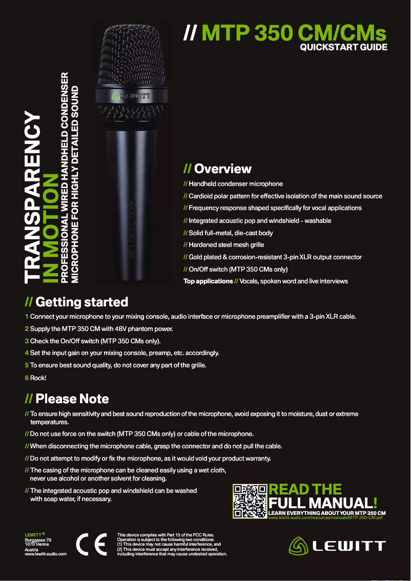 Page 1 de la notice Manuel utilisateur Lewitt MTP 350 CM