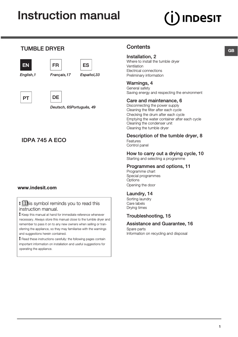 Page 1 de la notice Manuel utilisateur Indesit IDPA 745 A ECO (EU)