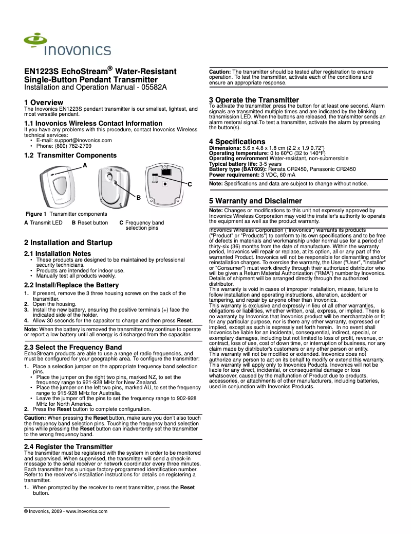 Image de la première page du manuel de l'appareil EchoStream EN1223S