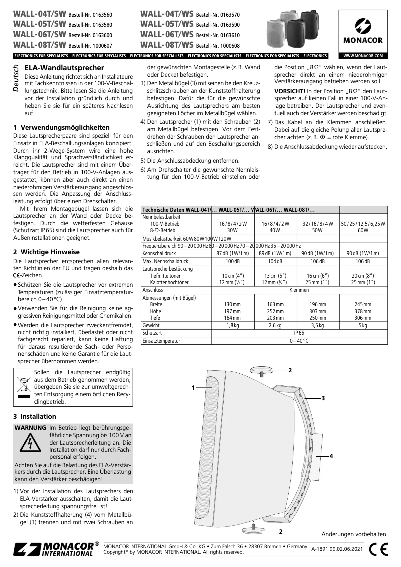 Page n°1 - Manuel utilisateur Monacor WALL-05T/SW