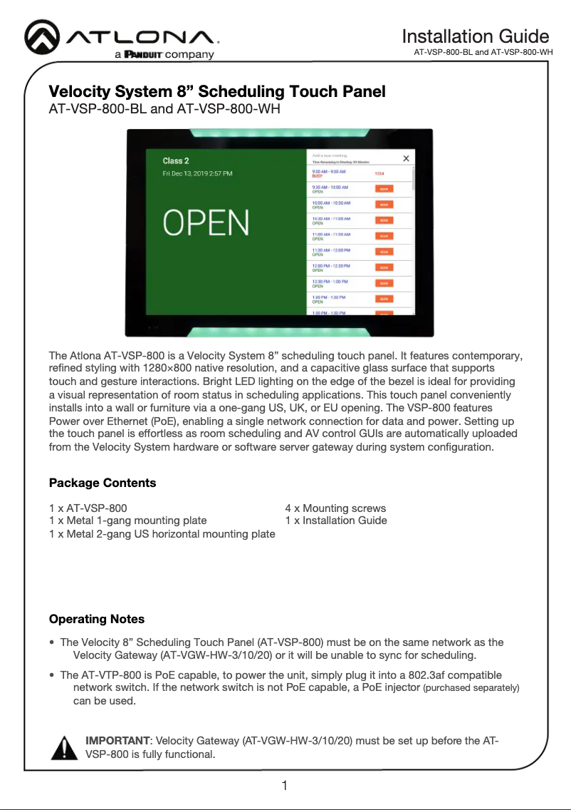 Page n°1 - Guide d'installation Atlona AT-VSP-800