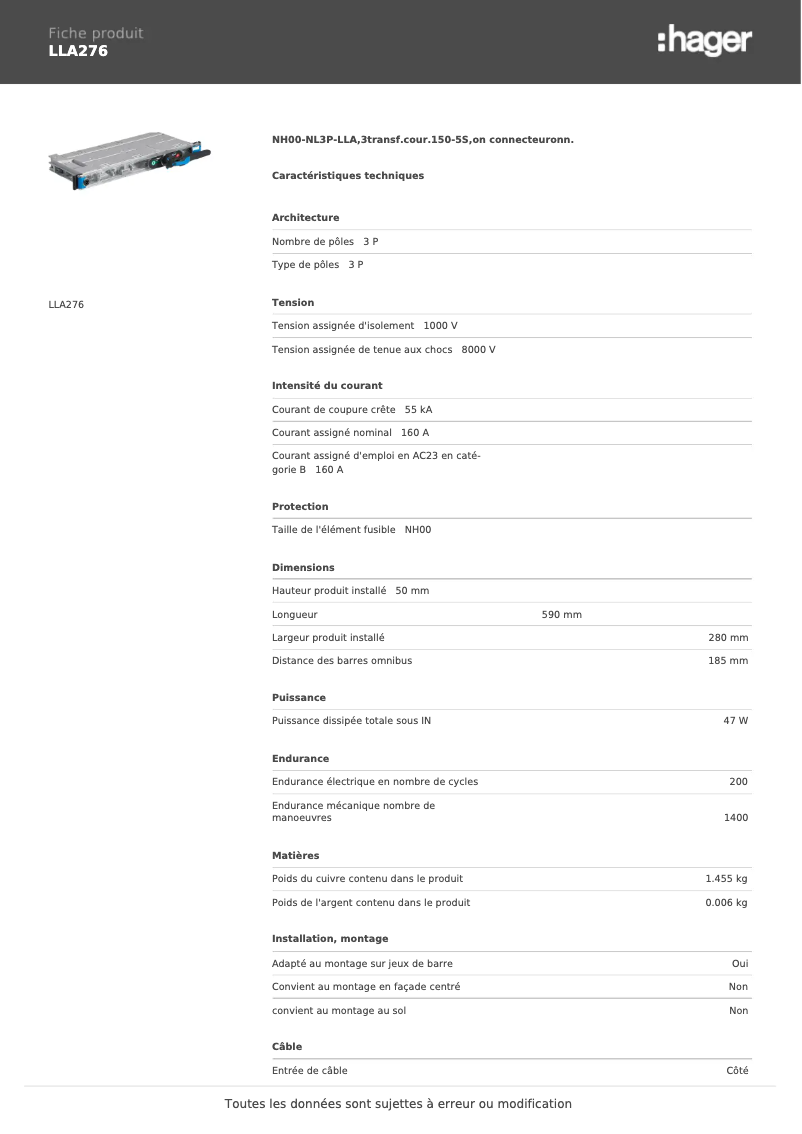 Page n°1 - Fiche technique Hager LLA276