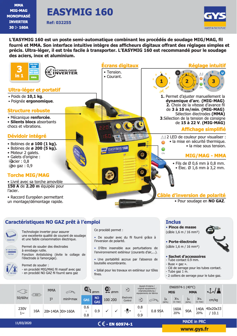 Página 1 del manual Ficha técnica GYS Easymig 160