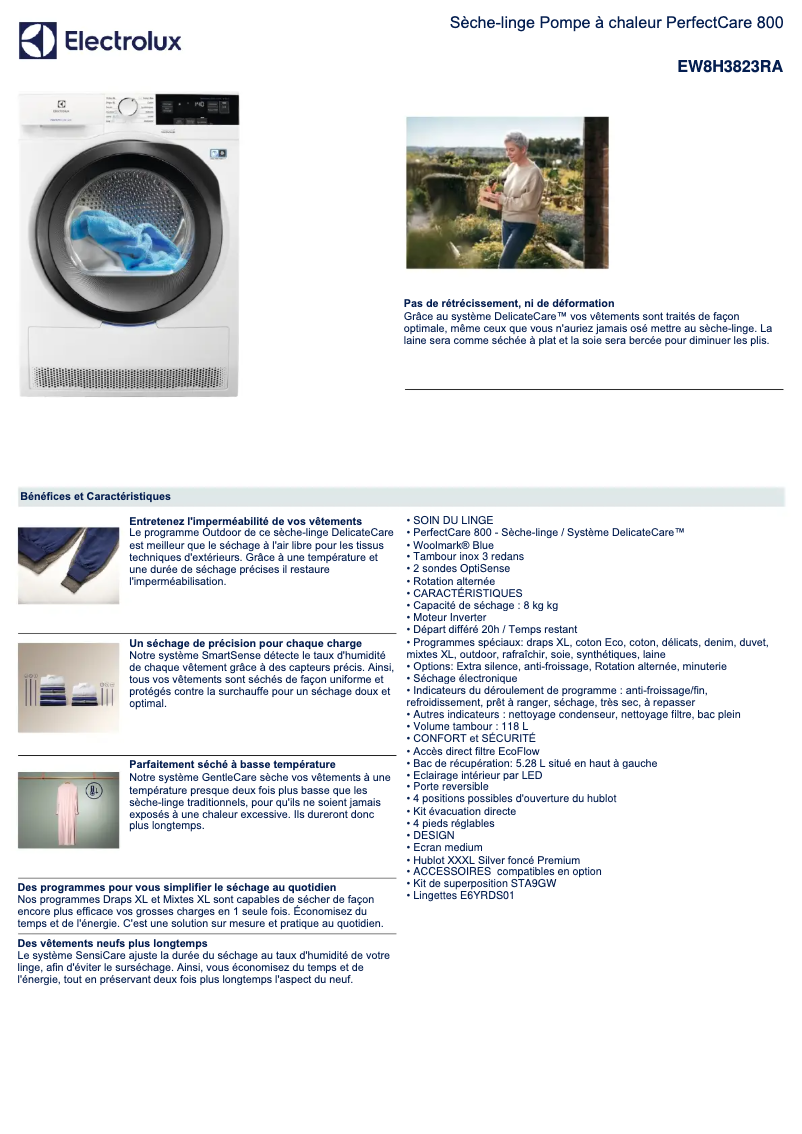 Page 1 de la notice Fiche technique Electrolux EW8H3823RA