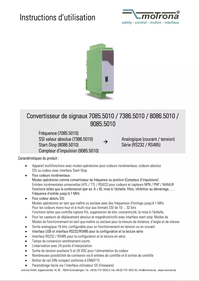 Page 1 de la notice Manuel utilisateur Motrona 7386.5010