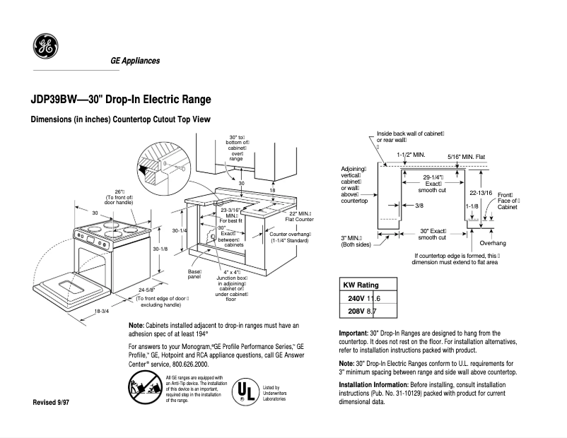 Página 1 del manual Ficha técnica GE JDP39BWBB
