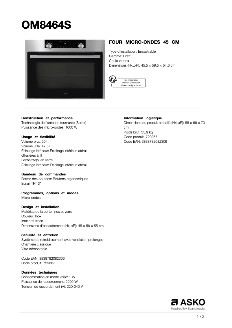 Page n°1 - Fiche technique Asko OM8464S