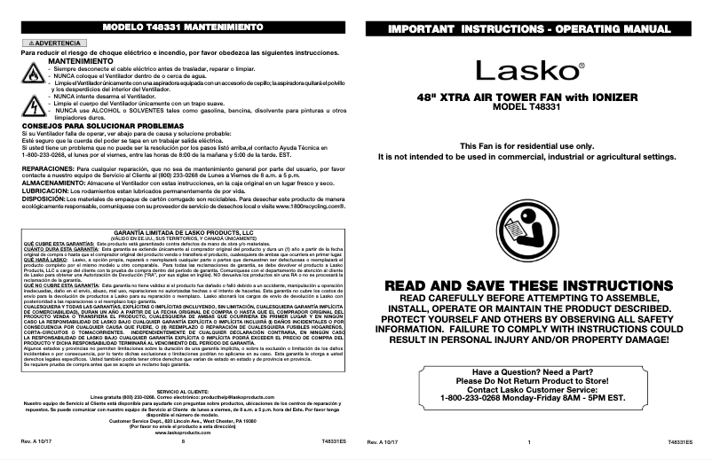 Image de la première page du manuel de l'appareil XtraAir T48331