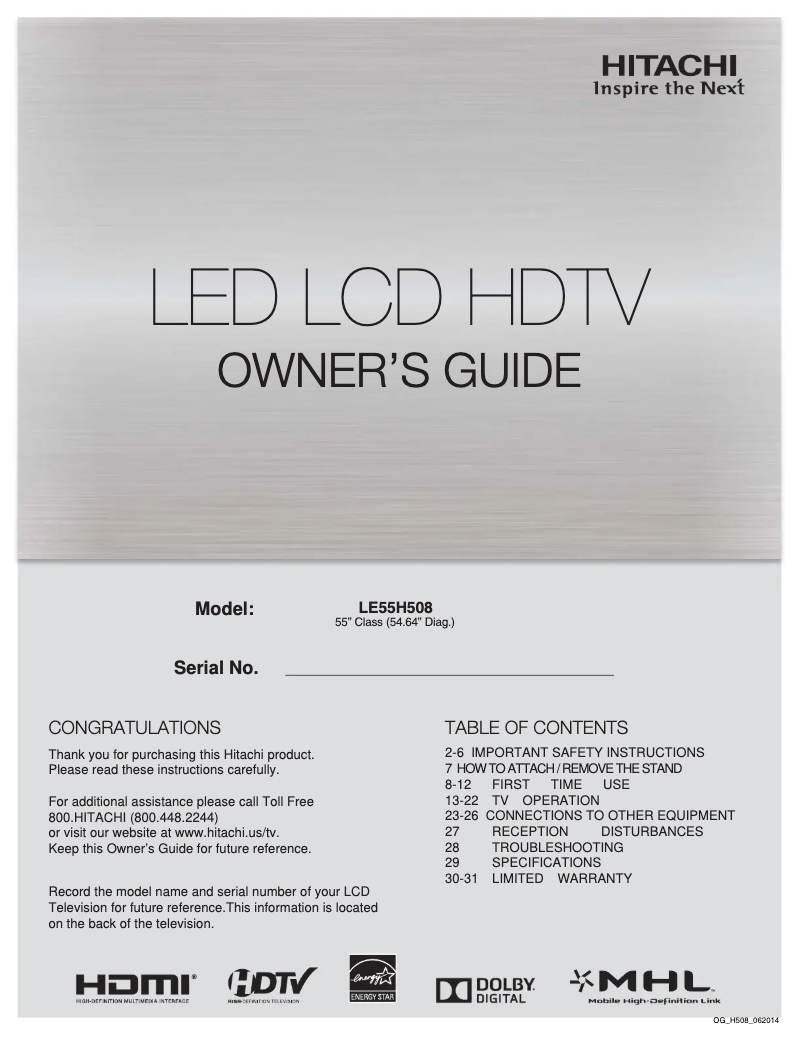 Page n°1 - Manuel utilisateur Hitachi LE55H508