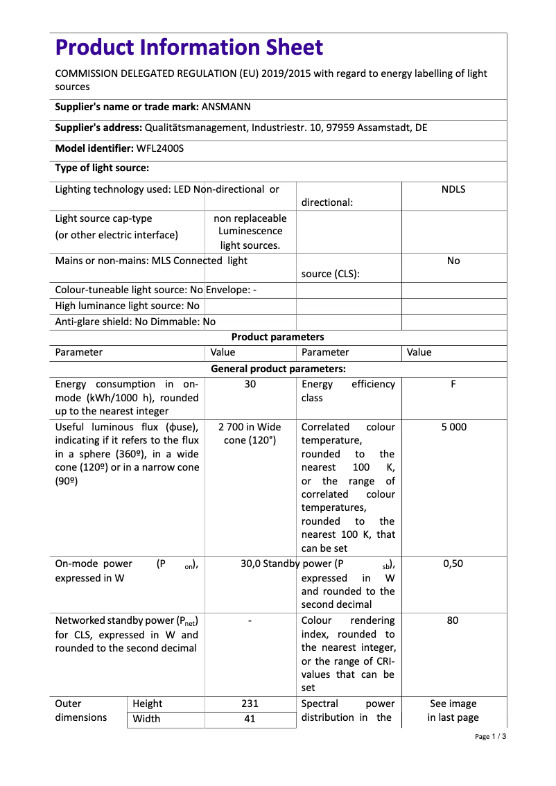 Page 1 de la notice Fiche technique Ansmann WFL2400S