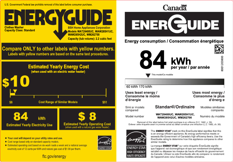 Page 1 de la notice Label énergétique Bosch 300 Series WAT28400UC
