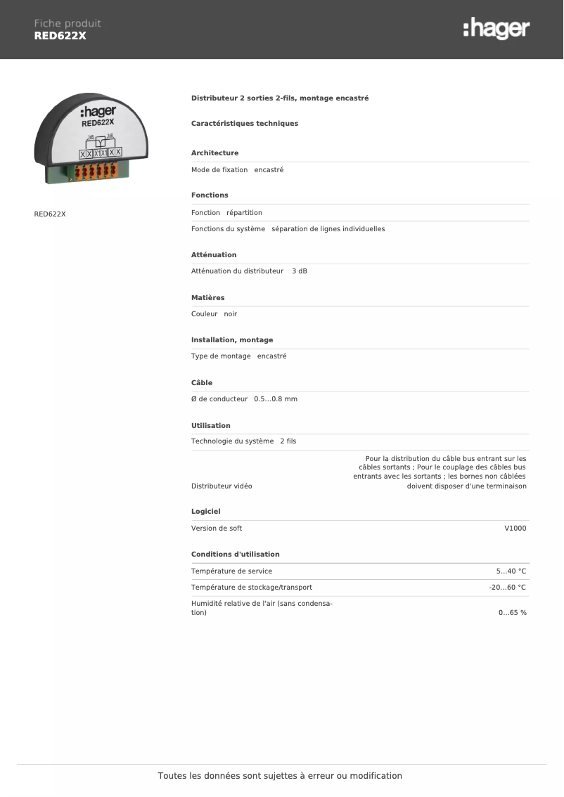 Page 1 de la notice Fiche technique Hager RED622X