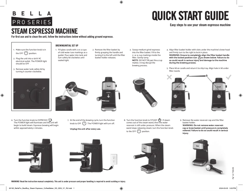 Page 1 de la notice Guide de démarrage rapide Bella Steam Espresso Maker 90195