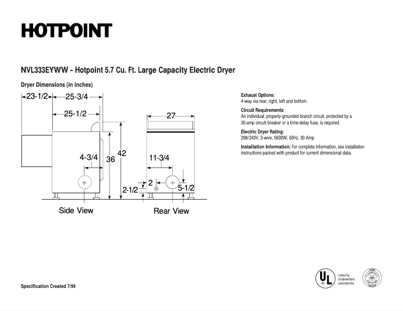 Page n°1 - Fiche technique Hotpoint NVL333EYWW