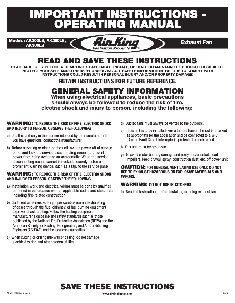 Page 1 de la notice Guide d'installation Air King AK280LS