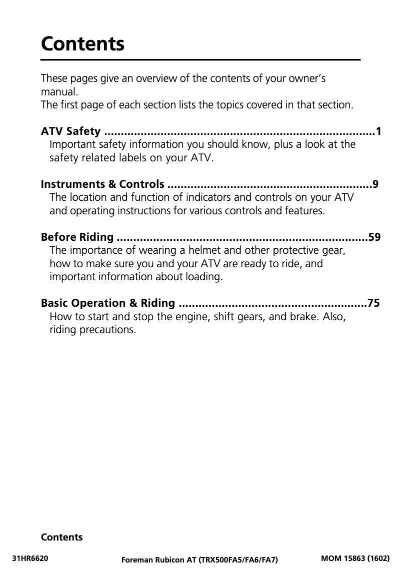 Image de la première page du manuel de l'appareil FourTrax Foreman Rubicon TRX500FA (2017)