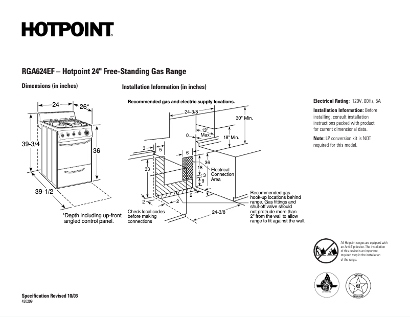 Page 1 de la notice Fiche technique Hotpoint RGA624EFWH