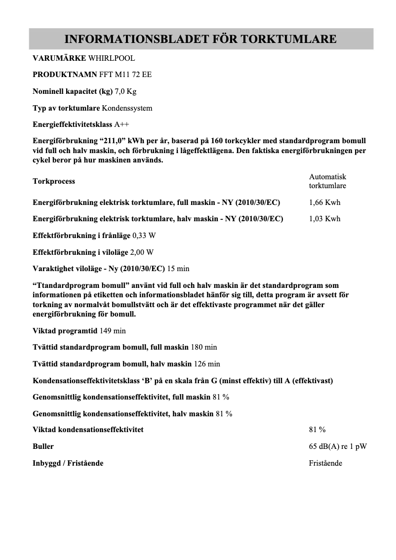 Page n°1 - Label énergétique Whirlpool FFT M11 72 EE