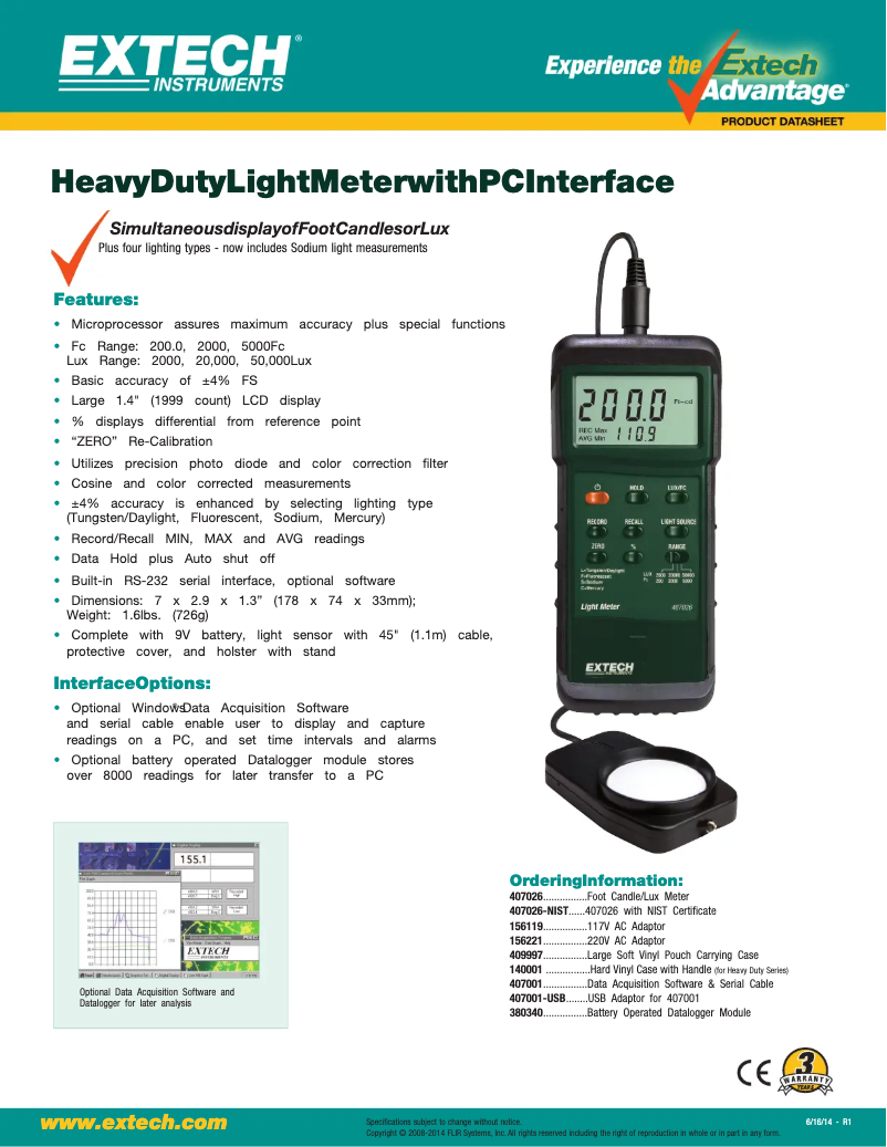 Page 1 de la notice Fiche technique Extech 407026