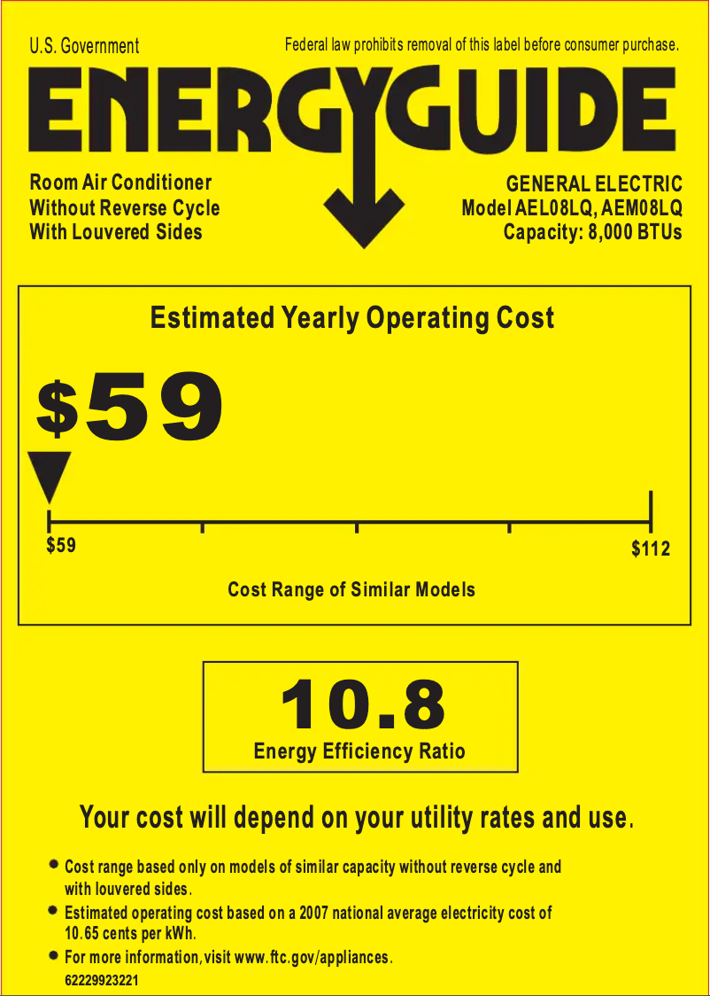 Page 1 de la notice Label énergétique GE AEL08LQ