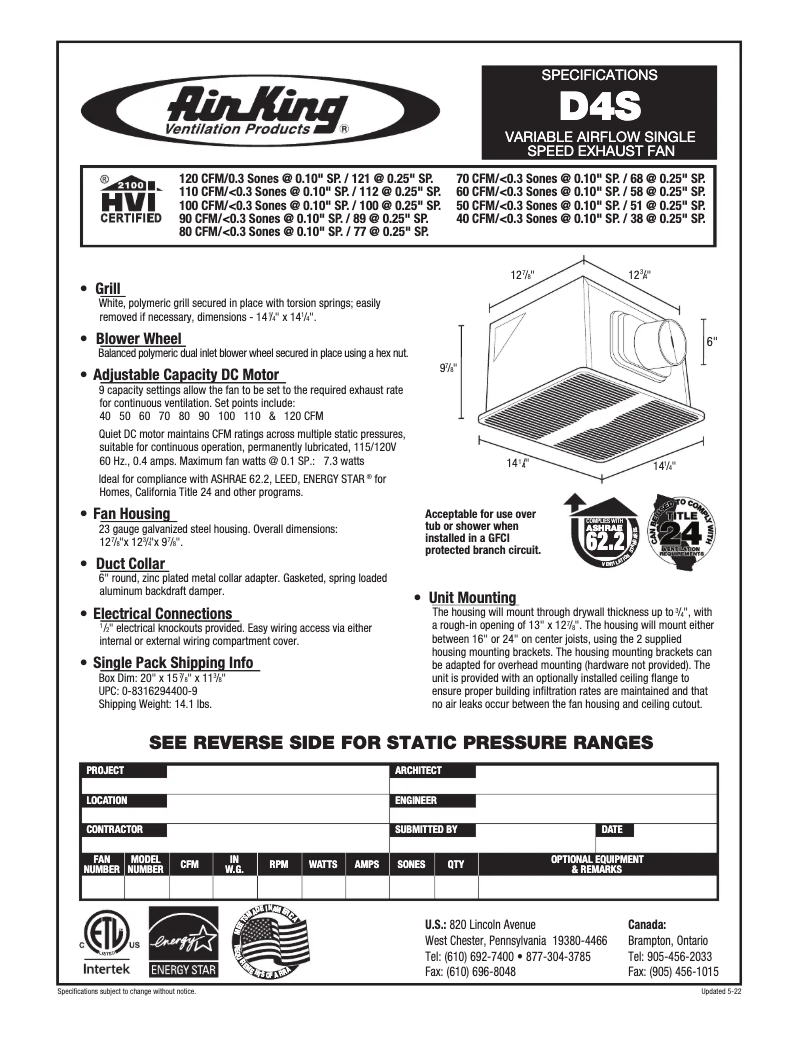 Page 1 de la notice Fiche technique Air King D4S