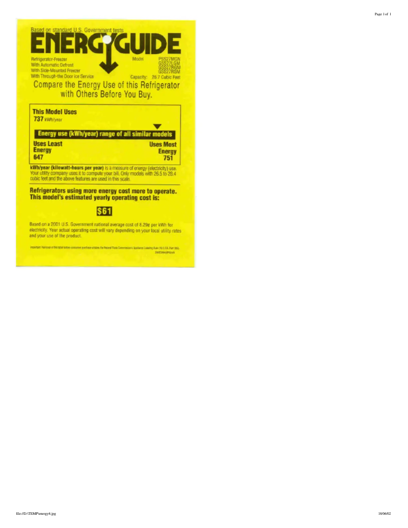 Página 1 del manual Etiqueta energética GE Profile Arctica PSS27MGNCC