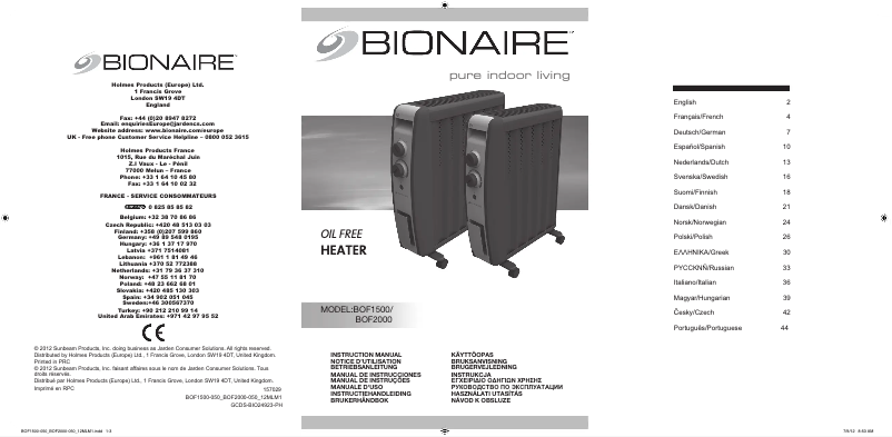 Page n°1 - Manuel utilisateur Bionaire BOF1500