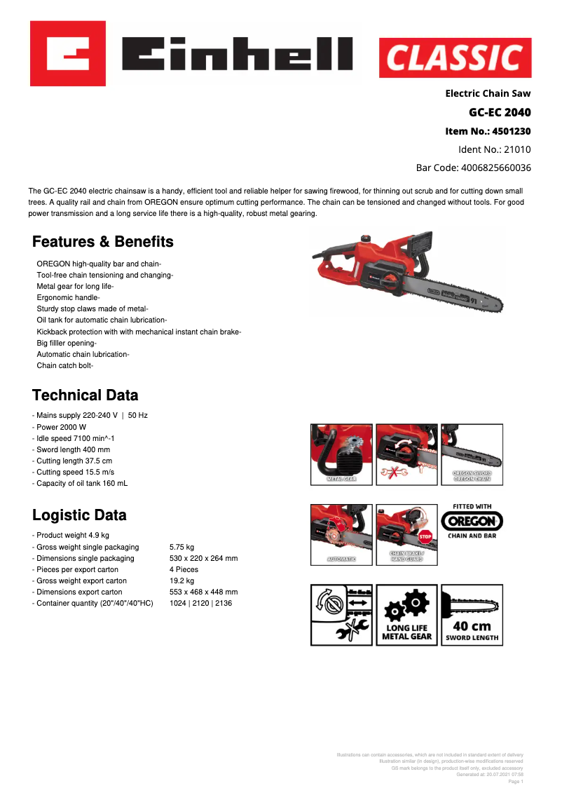 Page n°1 - Fiche technique Einhell GC-EC 2040