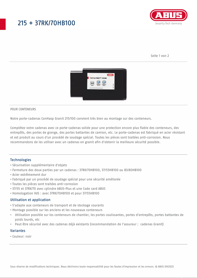 Page n°1 - Fiche technique Abus ConHasp GRANIT 215